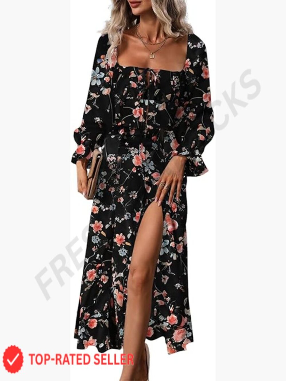 Boho Floral Square Neck Long Sleeve Midi Dress Side Split Casual Chic